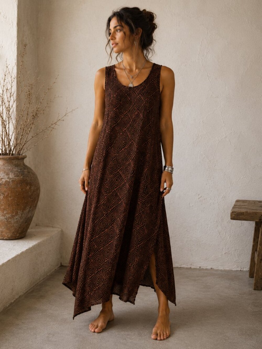 Orvis Tribal Print Maxi Dress Small Brown Green Sleeveless Rayon Dress